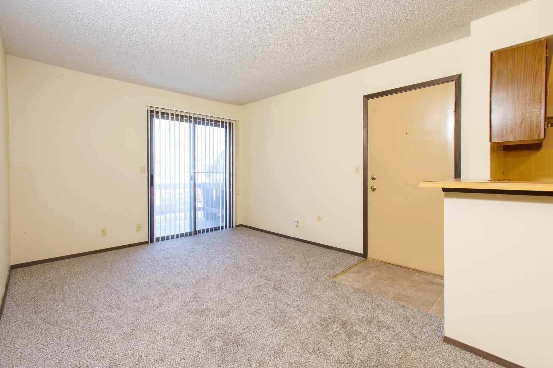 A one bedroom at Stoneybrook in its original condition, carpeted, with a sliding door to the balcony.