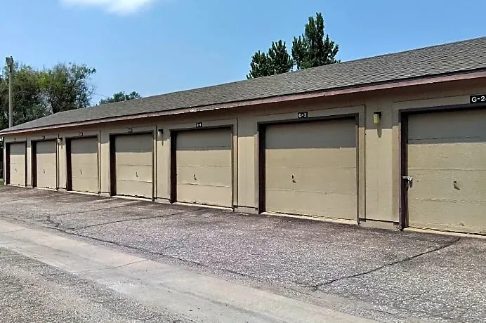 A row of detached garages on the Stoneybrook grounds.