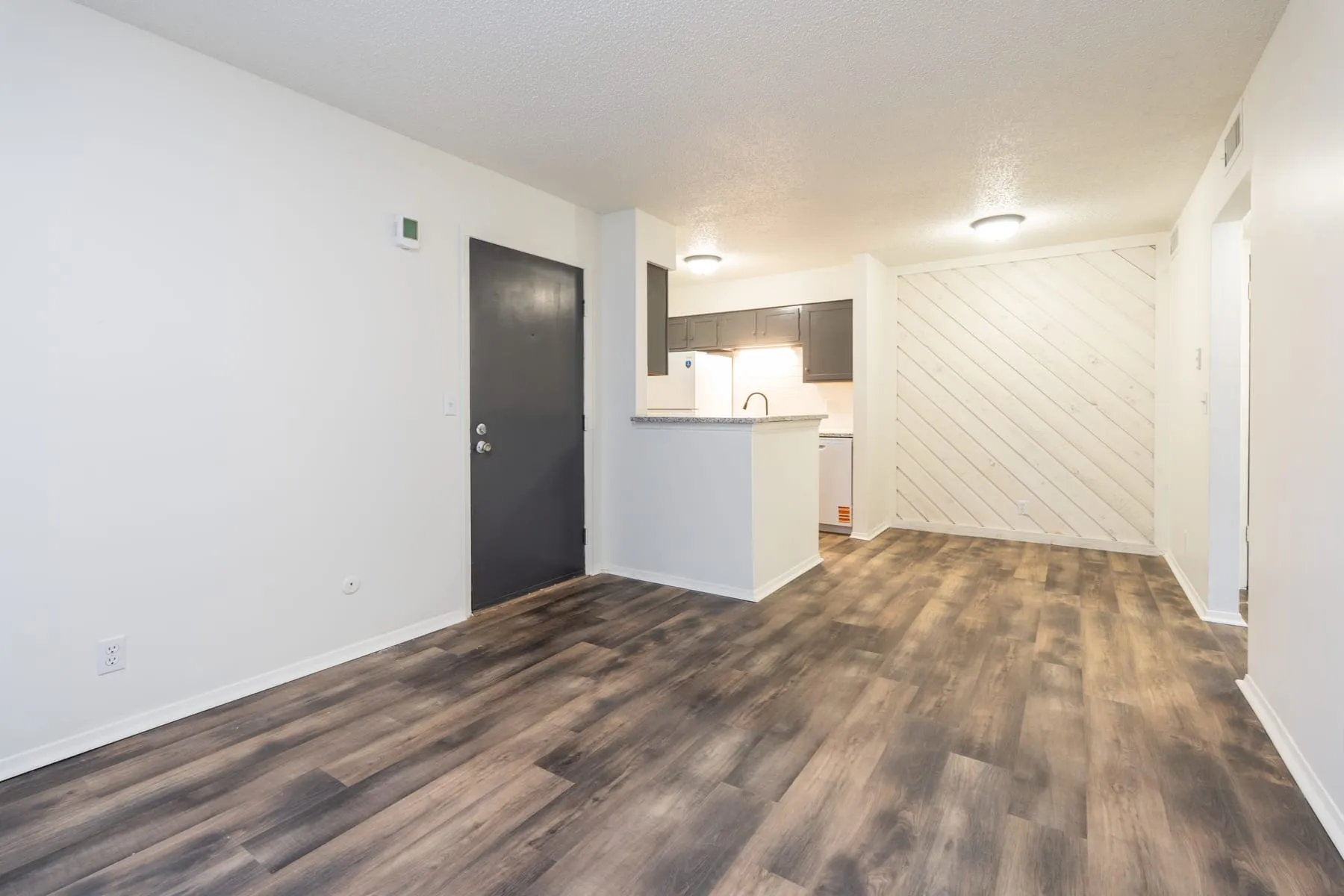 Open one bedroom living space with plank flooring running toward the hallway.