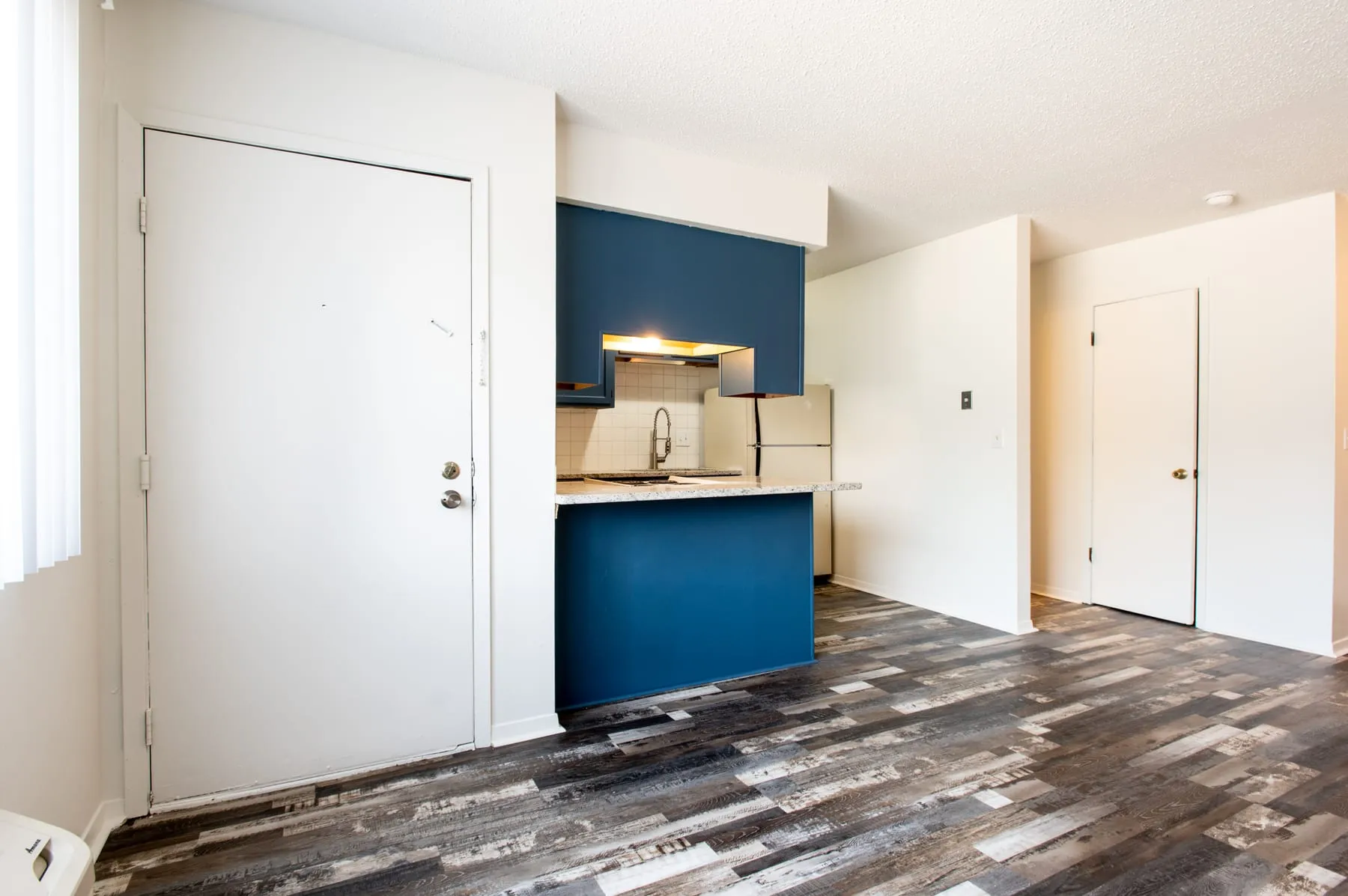 Entry of a second renovated studio, looking toward the kitchen across plank flooring.