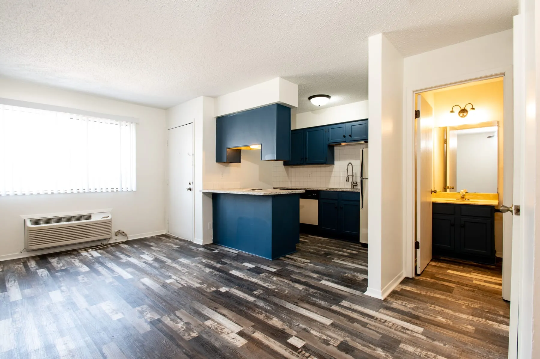 Studio interior looking through to the bathroom, with plank flooring throughout.