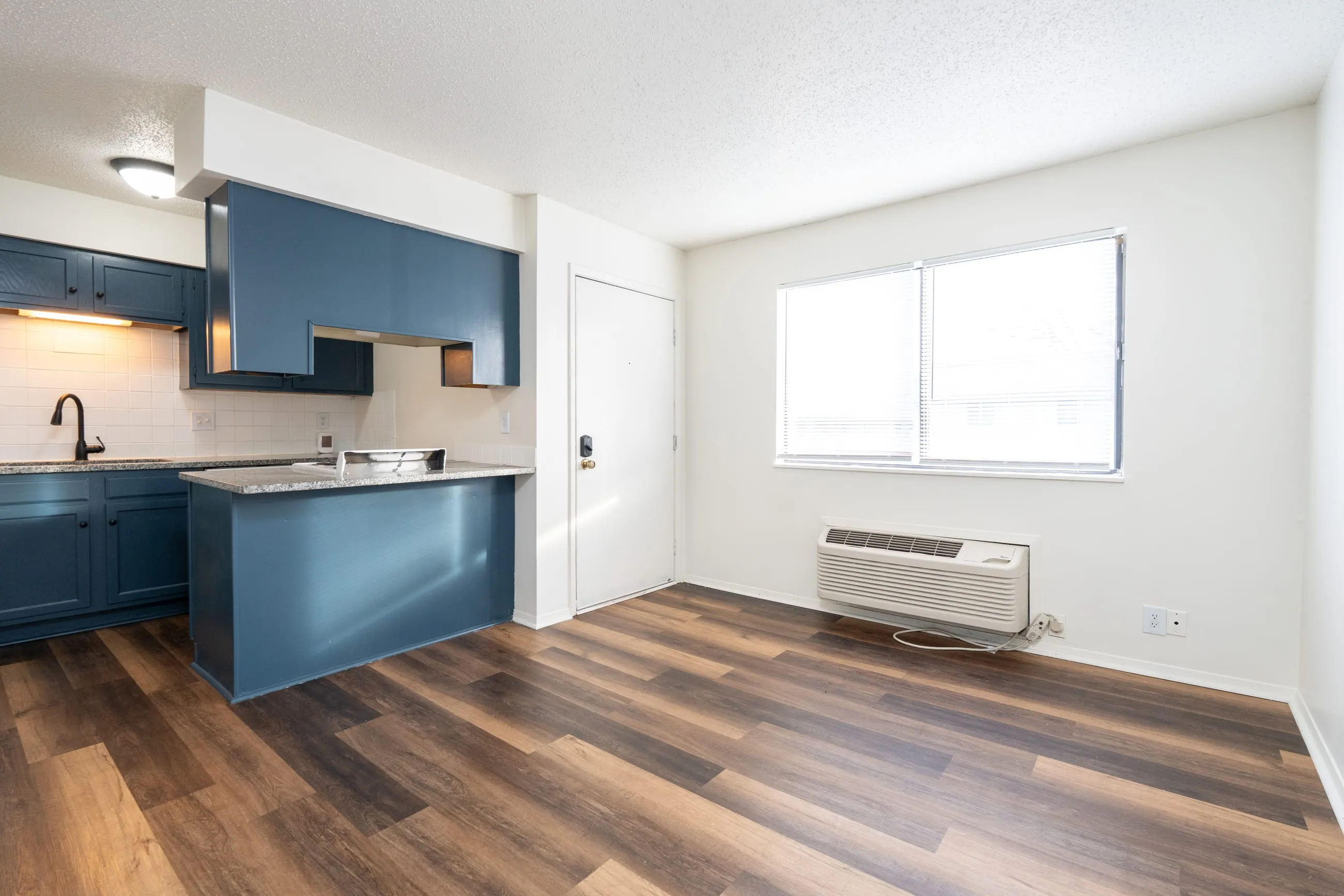 Renovated studio at Stoneybrook looking from the living area toward a petrol-blue kitchen, with plank flooring and a wide window.