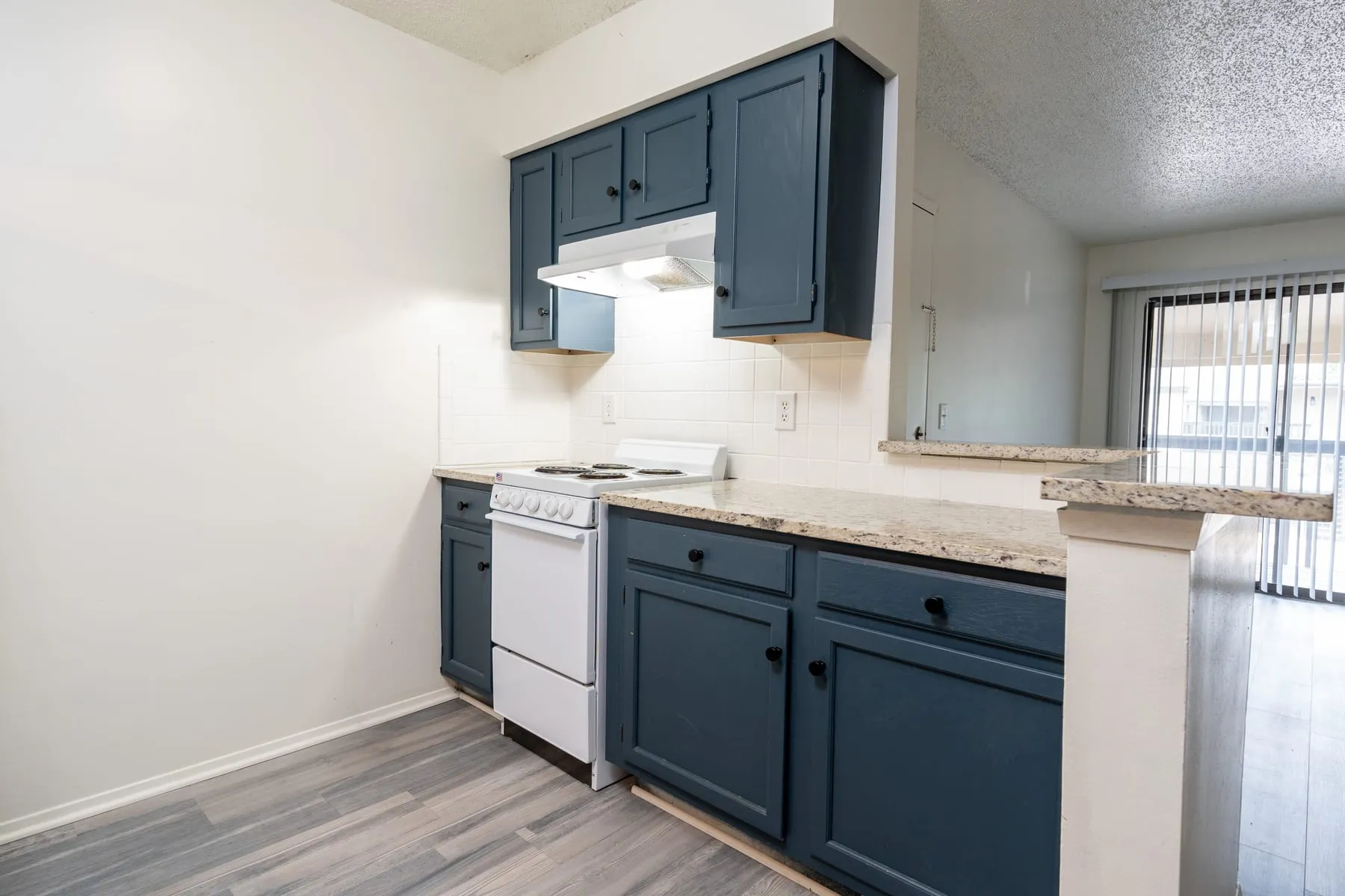 Two bedroom kitchen range and granite counter beneath slate-blue cabinets.